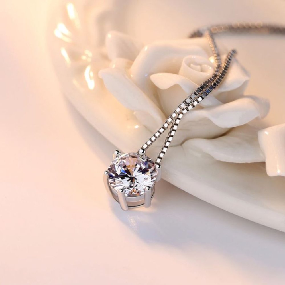 925 Sterling Silver Solitaire  Diamond Necklace - Picture 6 of 7